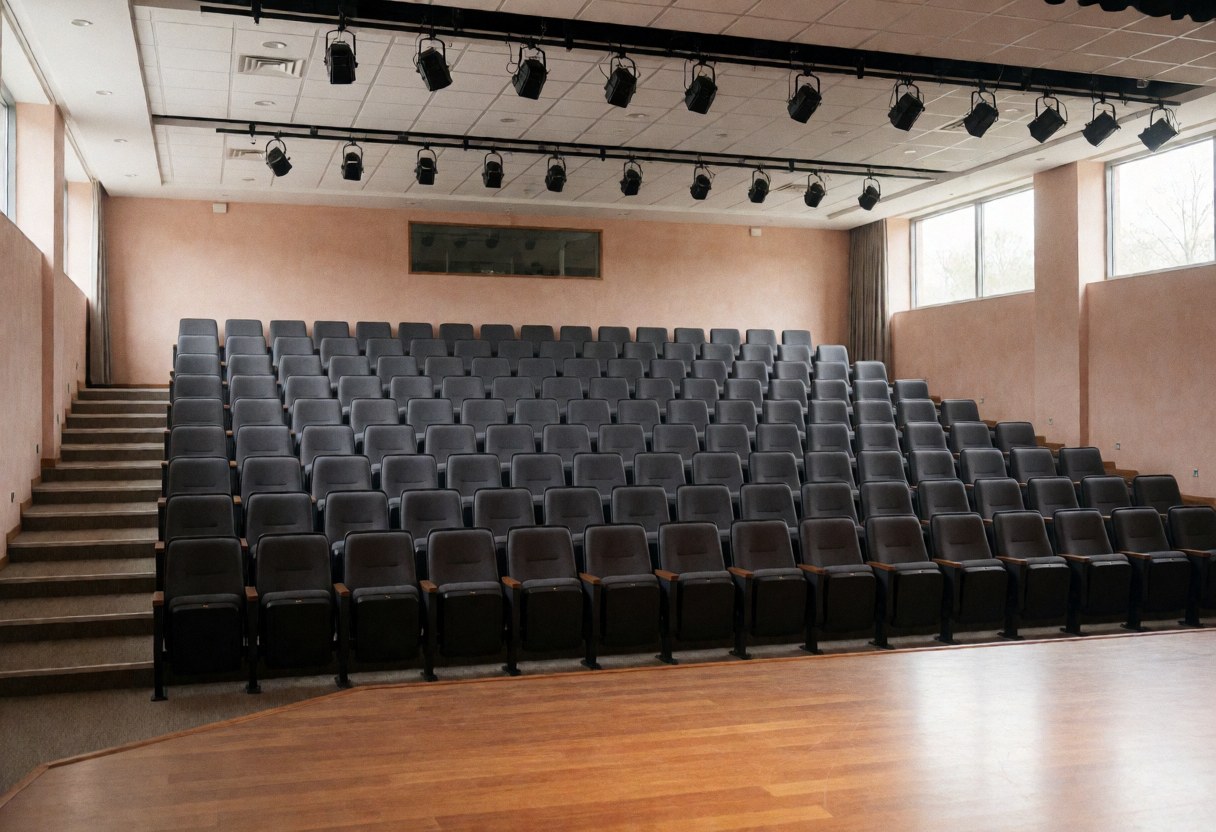 Vue intérieure d'un auditorium universitaire désert montrant des rangées de sièges vides face à une grande scène éclairée, idéale pour conférences et événements.