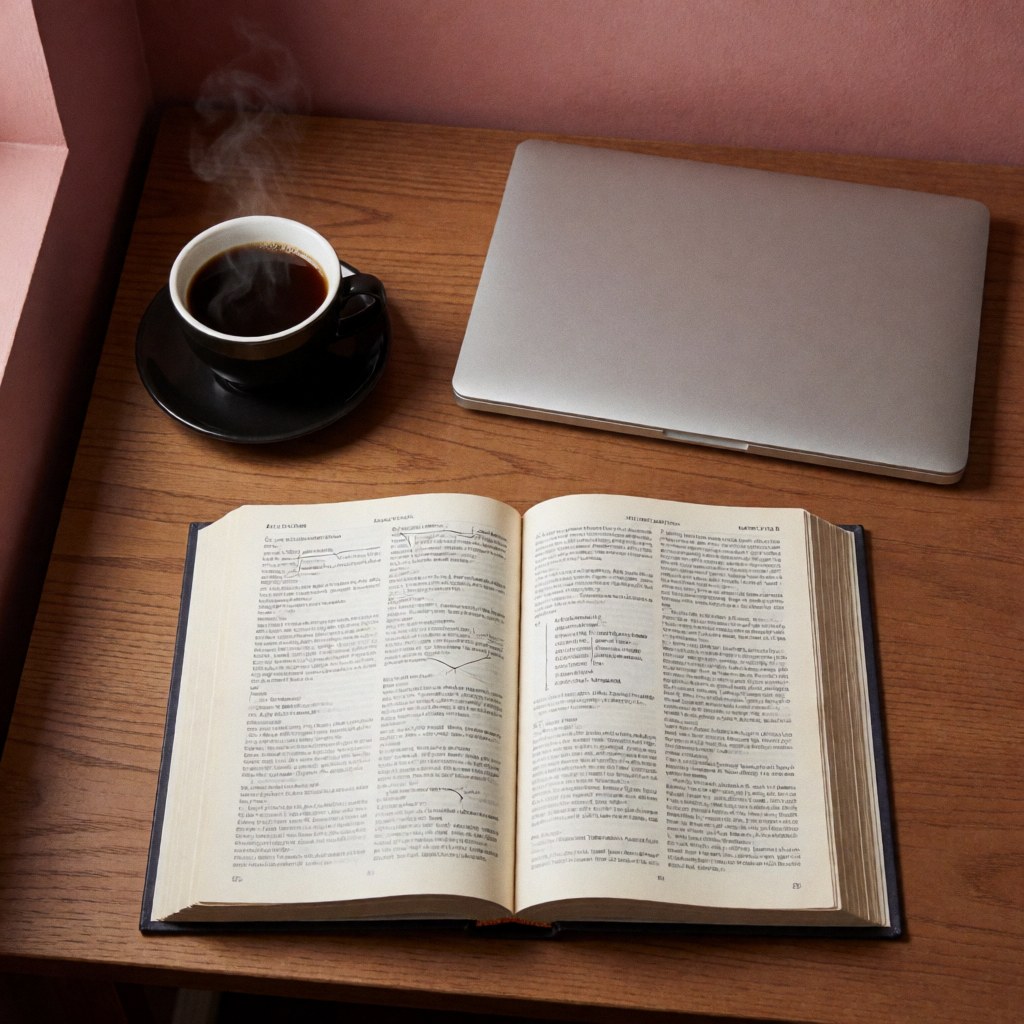 Un bureau en bois accueille un livre ouvert, une laptop fermée et une tasse de café noir émettant de la vapeur. Le fond rose et l'éclairage chaud créent une ambiance propice au travail nocturne.