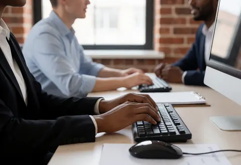 Des étudiants utilisent des ordinateurs et des claviers dans un bureau moderne avec des murs en briques et une lumière naturelle.