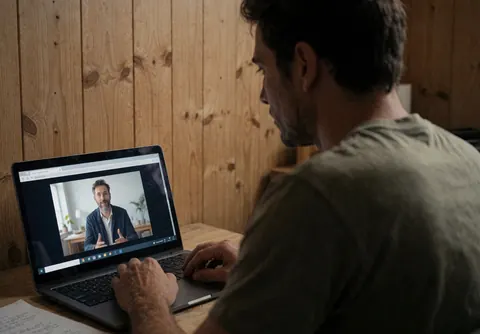 Un adulte suit une classe virtuelle sur son ordinateur portable dans un espace de travail domestique.