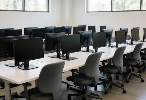 Salle de travail équipée d'ordinateurs, écrans noirs, chaises grises et tables blanches, baignée de lumière naturelle dans un environnement propre et organisé.