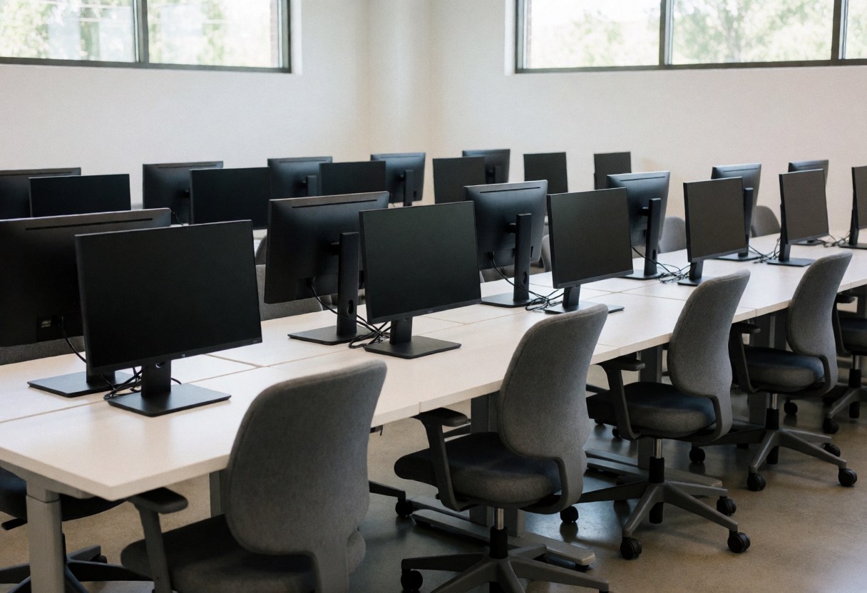 Salle de travail équipée d'ordinateurs, écrans noirs, chaises grises et tables blanches, baignée de lumière naturelle dans un environnement propre et organisé.