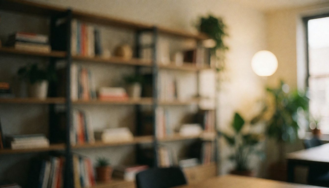 Arrière-plan de bureau moderne avec étagères remplies de livres, plantes vertes et lumière chaleureuse, idéal pour textes et présentations professionnelles.