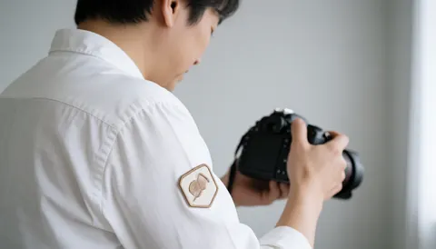 Un photographe professionnel tient une caméra reflex numérique avec un patch brodé sur la manche, devant un fond gris neutre pour une page d'accueil de site web.