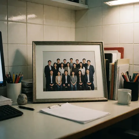 Un portrait d'équipe professionnel dans un cadre posé sur un bureau moderne avec des carreaux, un cahier, un stylo, une tasse et des livres.