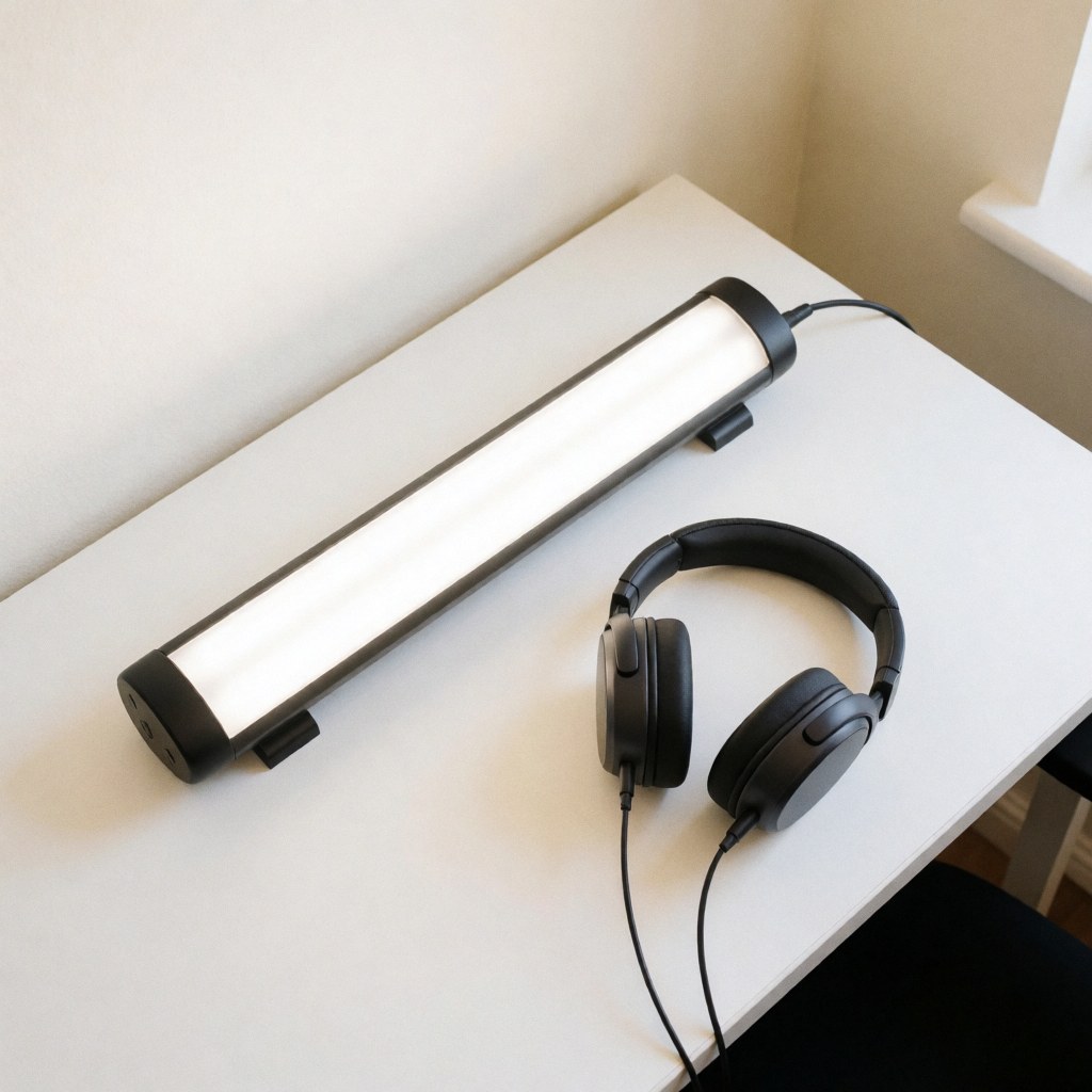 Vue de dessus d'un équipement EMDR professionnel disposé sur un bureau blanc lumineux, incluant des casques audio et du matériel de thérapie moderne.