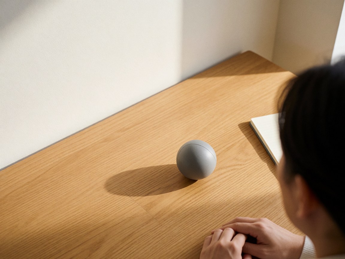 Une personne pose ses mains au repos sur une table en bois clair, à côté d'une balle anti-stress grise et d'un carnet, sous une lumière naturelle.