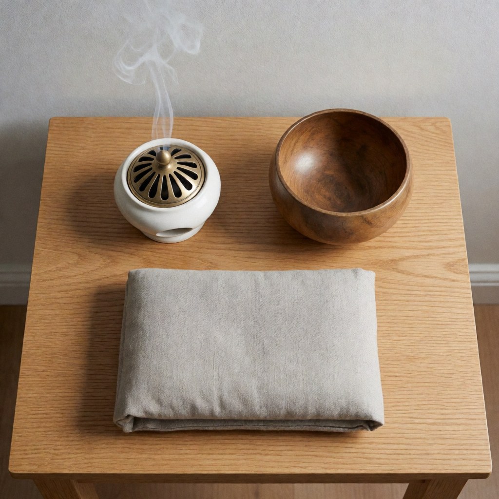 Scène de méditation avec un encensoir blanc, un bol en bois et un coussin gris posés sur une table en chêne, évoquant la sérénité.