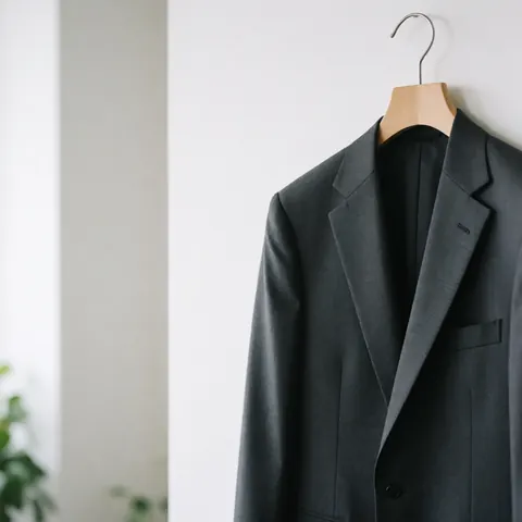 Une veste de costume grise est accrochée à un cintre en bois devant un mur blanc immaculé avec un éclairage doux et un espace vide pour le texte.