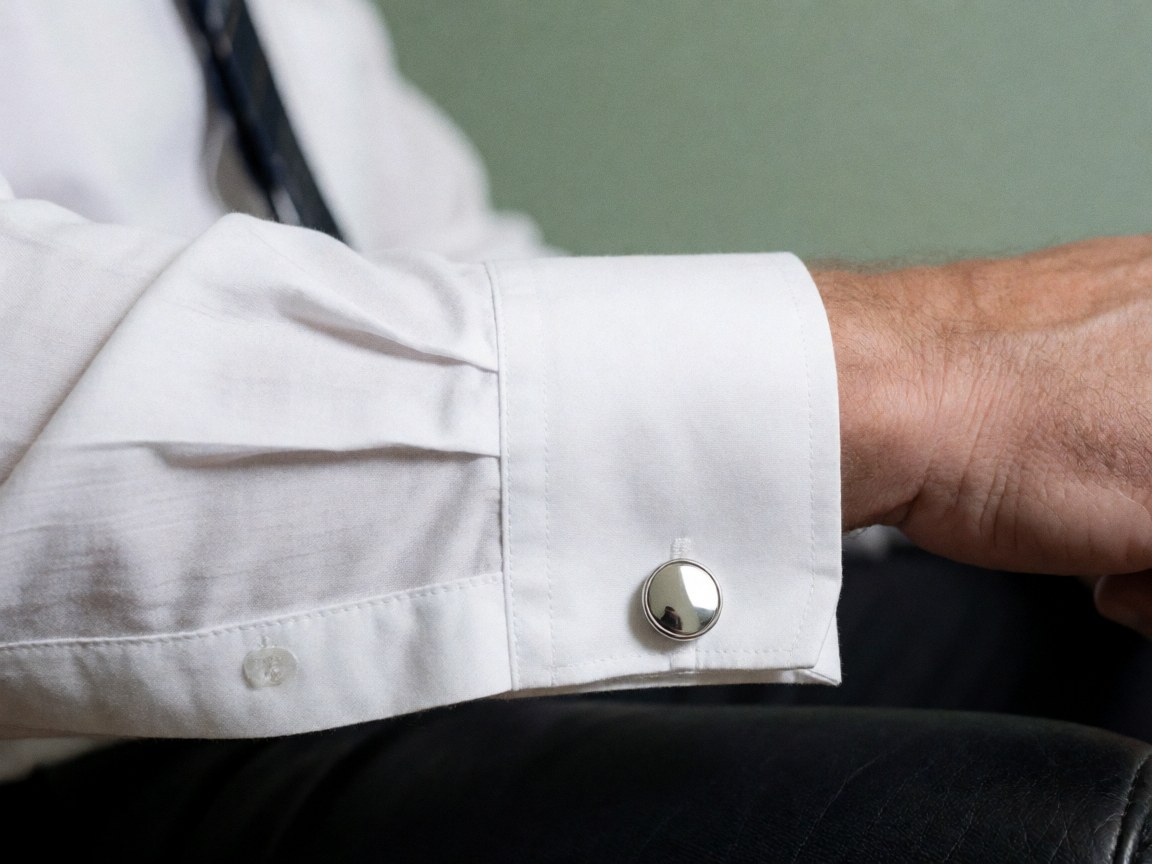 Gros plan d'une manchette de chemise blanche avec des boutons de manchette argentés posés sur du cuir noir, sur un fond vert pâle, évoquant le professionnalisme et la précision.
