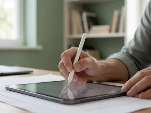 Une main utilise un stylet pour dessiner sur une tablette posée sur du papier dans un bureau lumineux avec des livres en arrière-plan, évoquant le travail créatif et la planification.