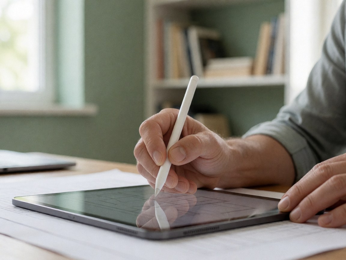 Une main utilise un stylet pour dessiner sur une tablette posée sur du papier dans un bureau lumineux avec des livres en arrière-plan, évoquant le travail créatif et la planification.