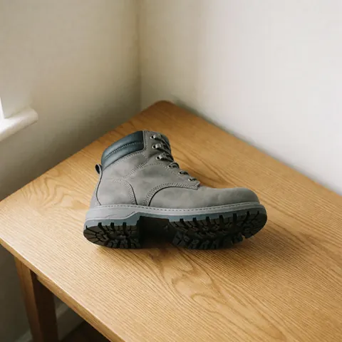 Vue de dessus d'une botte de travail grise en cuir posée sur une table en bois dans un environnement industriel.