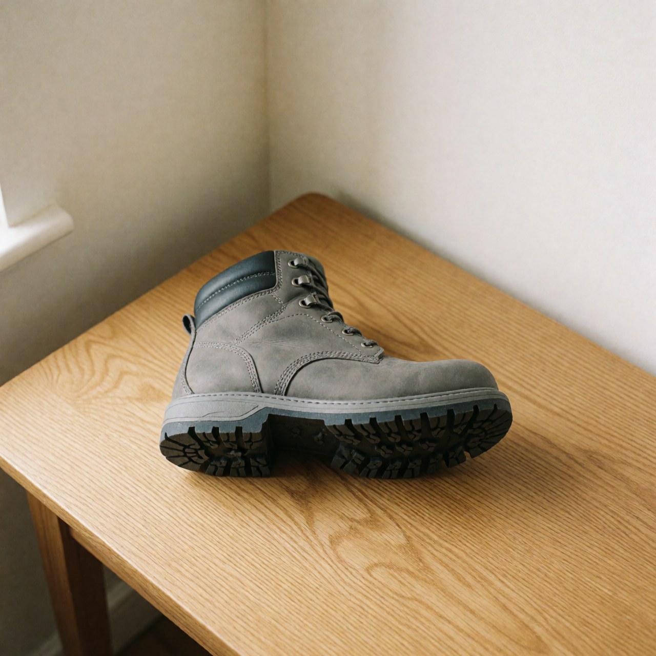 Vue de dessus d'une botte de travail grise en cuir posée sur une table en bois dans un environnement industriel.