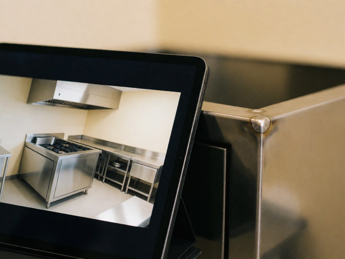 Détail d'une cuisine professionnelle montrant un design digital, du métal poli et une soudure visible, idéal pour les entreprises de cuisines industrielles.