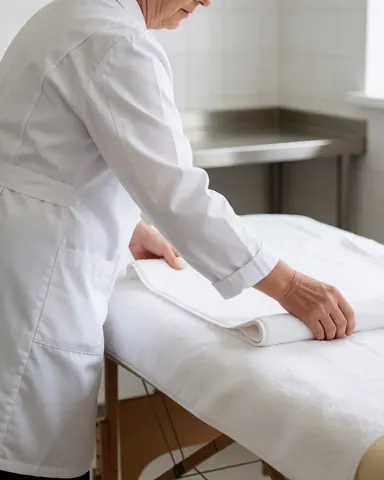 Un thérapeute senior en tenue blanche prépare un lit avec une serviette blanche dans une salle propre et hygiénique aux murs blancs et surfaces métalliques.