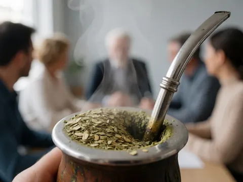 Gros plan sur un mate en métal contenant de la yerba mate, accompagné d'une bombilla, évoquant une pause ou un échange en réunion professionnelle.