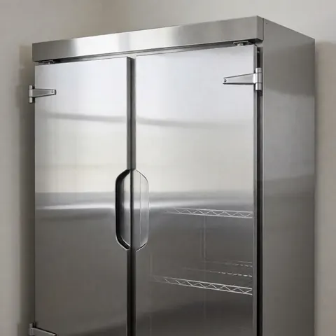 Un réfrigérateur professionnel à double porte en acier inoxydable, propre et industriel, destiné au stockage alimentaire dans une cuisine commerciale.