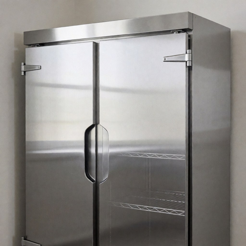 Un réfrigérateur professionnel à double porte en acier inoxydable, propre et industriel, destiné au stockage alimentaire dans une cuisine commerciale.