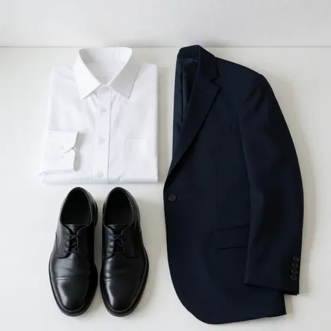 Chemise blanche, veste bleu marine et chaussures noires disposées de manière ordonnée sur un fond blanc pour une présentation professionnelle.