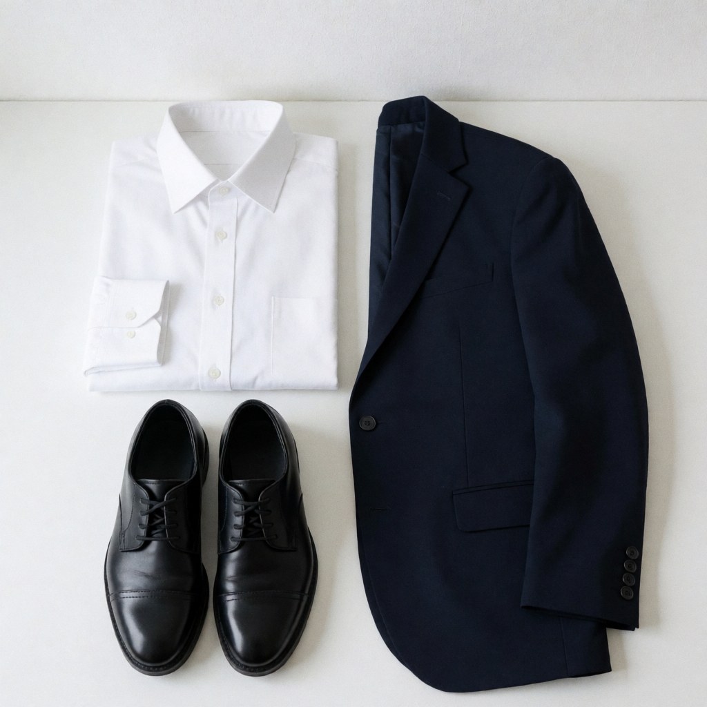 Chemise blanche, veste bleu marine et chaussures noires disposées de manière ordonnée sur un fond blanc pour une présentation professionnelle.