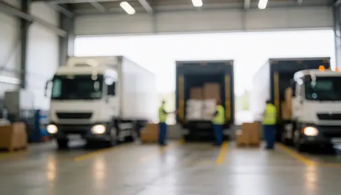 Arrière-plan flou d'entrepôt industriel montrant des camions de livraison et du personnel travaillant dans un environnement logistique professionnel.
