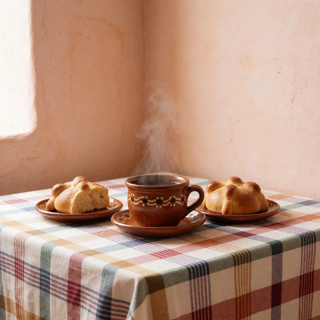 Une tasse de café chaud fumante posée à côté d'un morceau de pain sur une nappe à carreaux, devant un mur de couleur terre cuite.