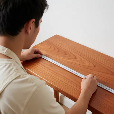 Un menuisier utilise un mètre ruban pour mesurer avec précision une table en bois poli de teinte rougeâtre sur fond blanc.