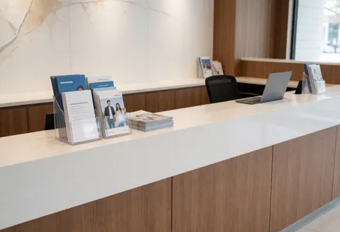 Intérieur d'un bureau d'admission universitaire moderne présentant un comptoir blanc, des brochures, un ordinateur portable et un mur décoré dans un environnement propre et professionnel.