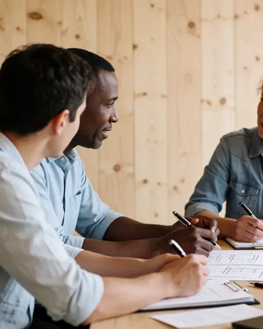 Une réunion professionnelle se tient autour d'une table en bois où sont disposés des plans, du papier et un stylo pour discuter du projet.