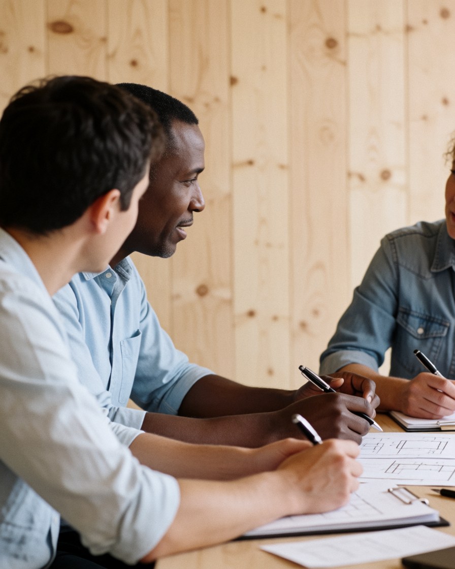 Une réunion professionnelle se tient autour d'une table en bois où sont disposés des plans, du papier et un stylo pour discuter du projet.