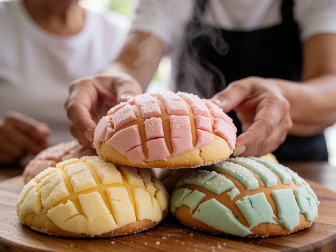 Des conchas chaudes parsemées de sucre posées sur une planche en bois par des mains d'adulte, avec un fond flou mettant en valeur ces pâtisseries appétissantes.
