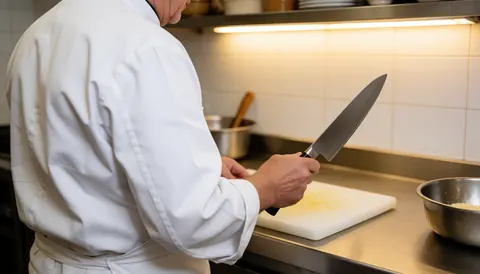 Un chef cuisinier tient fermement un couteau professionnel dans sa main, prêt à travailler en cuisine.