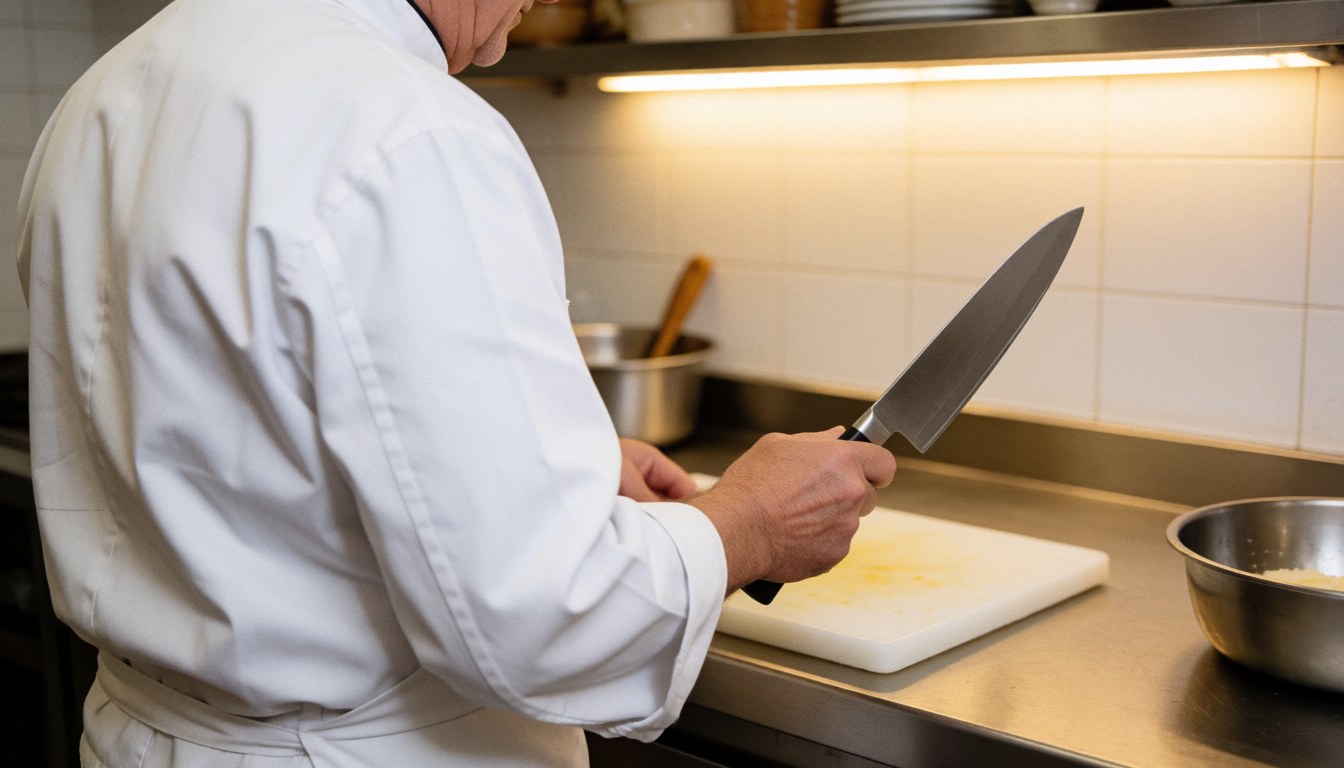 Un chef cuisinier tient fermement un couteau professionnel dans sa main, prêt à travailler en cuisine.