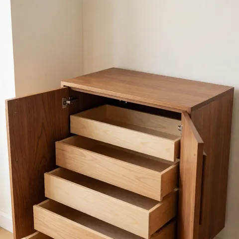 Armoire en bois avec plusieurs tiroirs, design moderne et fonctionnel pour intérieur.
