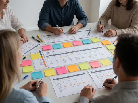 Équipe en réunion de planification avec plans, post-it et stylos sur une table baignée de lumière naturelle dans un environnement professionnel dynamique.