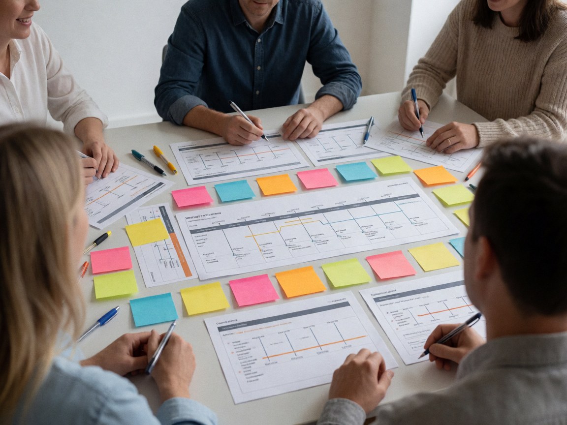 Équipe en réunion de planification avec plans, post-it et stylos sur une table baignée de lumière naturelle dans un environnement professionnel dynamique.