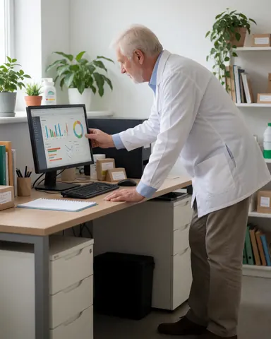 Un nutritionniste professionnel examine des graphiques de santé sur son écran d'ordinateur dans un bureau, avec des plantes et des livres en arrière-plan.