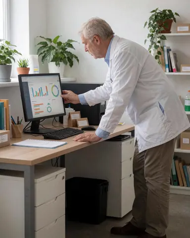 Un nutritionniste professionnel examine des graphiques de santé sur son écran d'ordinateur dans un bureau, avec des plantes et des livres en arrière-plan.