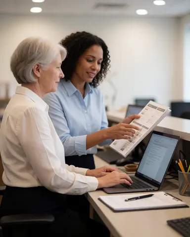Deux femmes dans un bureau, l'une utilise un ordinateur, l'autre montre un catalogue, ambiance professionnelle et réaliste.