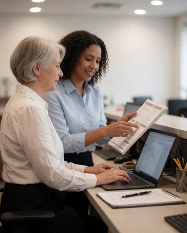 Deux femmes dans un bureau, l'une utilise un ordinateur, l'autre montre un catalogue, ambiance professionnelle et réaliste.