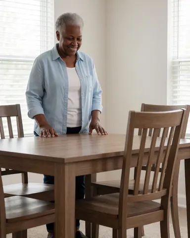 Une cliente satisfaite observe avec plaisir les meubles modernes et la table en bois d'une salle à manger récemment aménagée dans un intérieur lumineux.