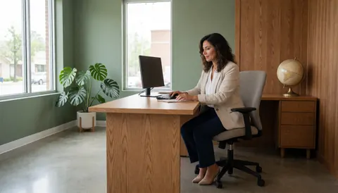 Une femme travaille à son bureau dans un espace professionnel calme avec murs verts, sol brillant, plante et globe terrestre éclairé par la lumière naturelle.