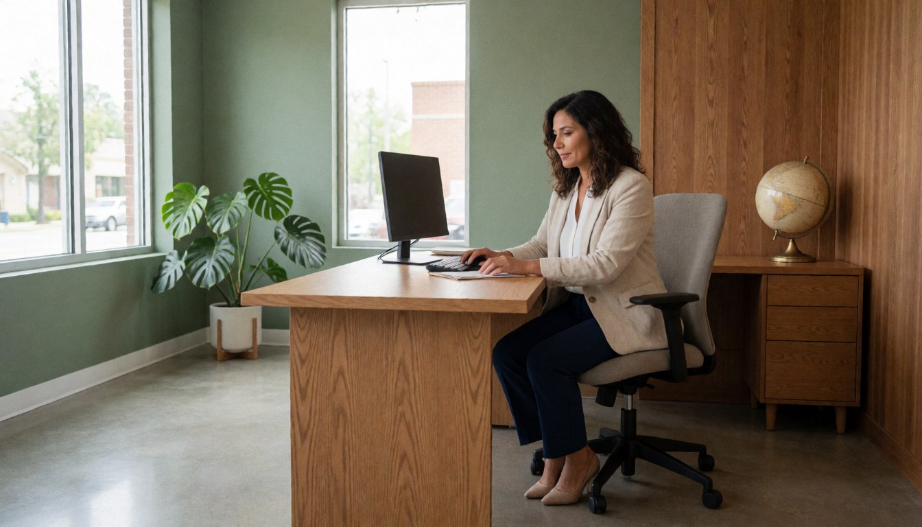 Une femme travaille à son bureau dans un espace professionnel calme avec murs verts, sol brillant, plante et globe terrestre éclairé par la lumière naturelle.