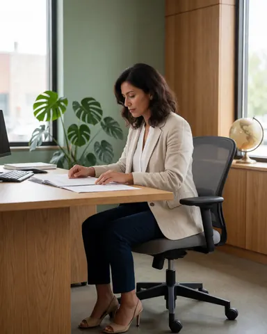 Une femme professionnelle examine des papiers sur un bureau dans un espace lumineux avec murs verts, plante et globe.