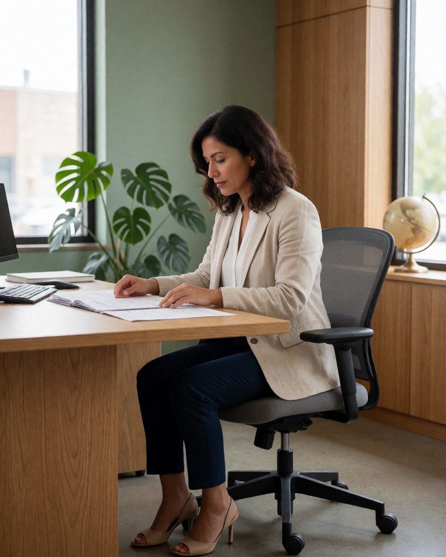 Une femme professionnelle examine des papiers sur un bureau dans un espace lumineux avec murs verts, plante et globe.