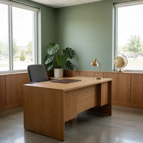 Bureau en bois clair éclairé par la lumière naturelle, décoré d'une plante monstera et d'un globe terrestre, évoquant un espace de travail professionnel pour les finances.