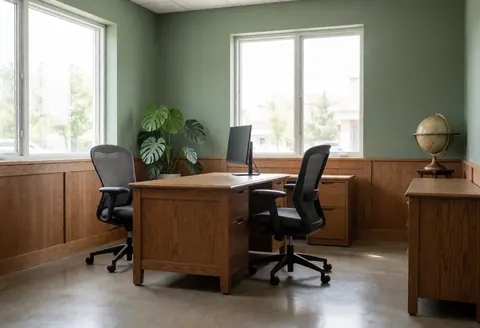 Espace de travail bancaire aux murs verts, sol brillant, mobilier en bois, plante monstera et globe, éclairé par la lumière naturelle.
