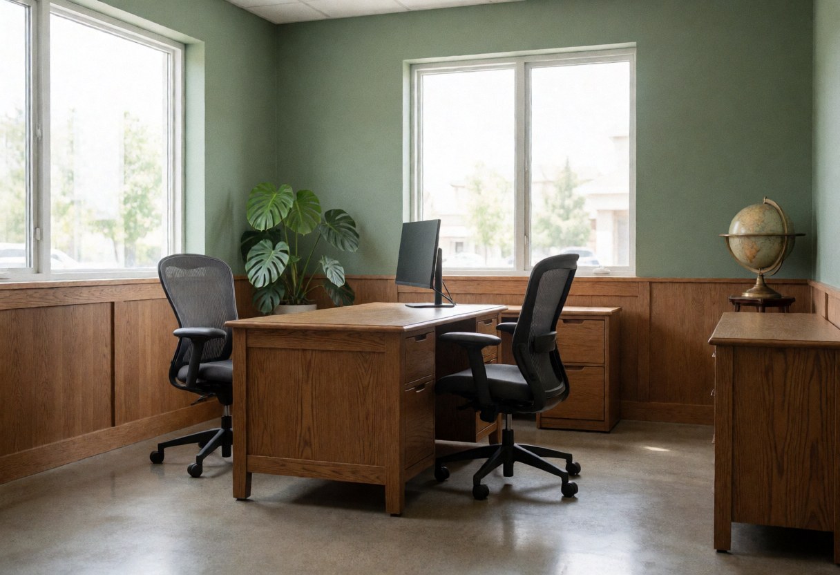 Espace de travail bancaire aux murs verts, sol brillant, mobilier en bois, plante monstera et globe, éclairé par la lumière naturelle.