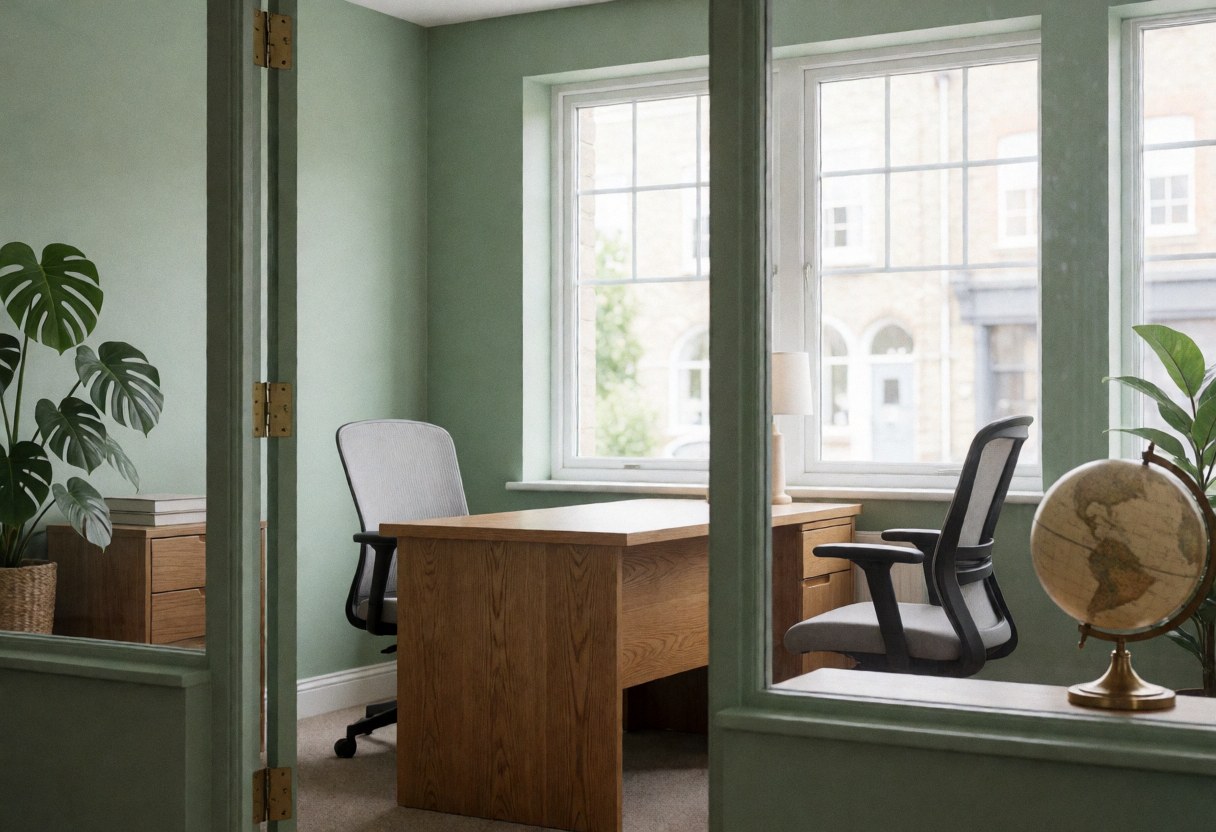 Bureau bancaire avec murs verts, bureau en bois, chaises ergonomiques, plante et globe, lumière naturelle par les fenêtres, ambiance professionnelle et accueillante.
